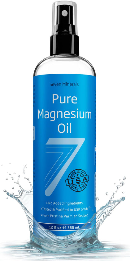 Seven Minerals, Pure Magnesium Oil Spray - Big 12 oz (Lasts 9 Months) - USP Grade Magnesium Spray, No Unhealthy Trace Minerals - from Ancient Underground Permian Seabed in USA, Free eBook Included