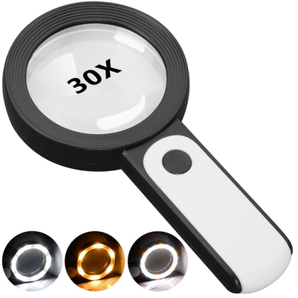 JMH Magnifying Glass with Light, 30X Handheld Large 18LED Cold and Warm Light with 3 Modes, Illuminated Magnifier for Seniors Reading, Inspection, Coins, Jewelry, Exploring