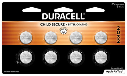 Duracell 2032 Lithium Battery. 8 Count Pack. Child Safety Features. Compatible with Apple AirTag, Key Fob, and other devices. CR2032 Battery Lithium Coin Battery. CR Lithium 3V Cell