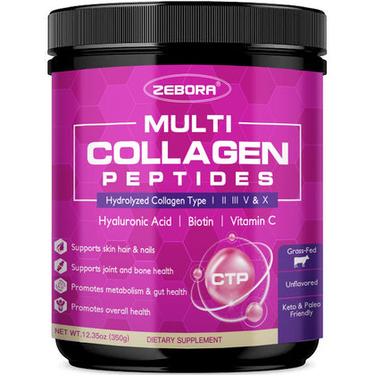 ZEBORA Multi Collagen Peptides Powder - Hydrolyzed Collagen Type I II III V X with Hyaluronic Acid, Biotin, Vitamin C - Support Skin Hair Nail Joints, Non-GMO, Unflavored, Keto Friendly