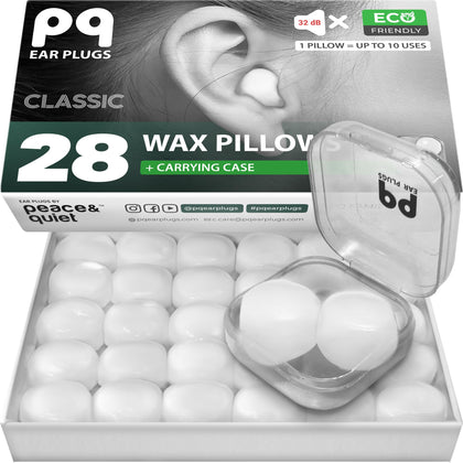 PQ Wax Ear Plugs for Sleeping - 28 Silicone Wax Earplugs for Sleeping and Swimming, Gel Ear Plugs for Noise Cancelling, Sleeping Earplugs, Sound Blocking Level of 32 Db (28 Pillows), Color: White