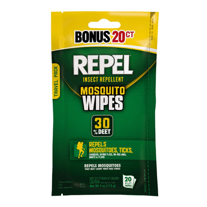 Repel Insect Repellent Mosquito Wipes 30% DEET, 20-ct