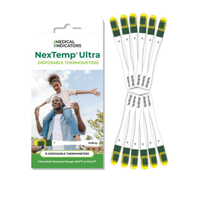 NexTemp Ultra Single-Use Thermometers - Individually Wrapped Disposable First Aid Supplies with High-Accuracy Readings, for Work, Home, and Travel, Fahrenheit, 12-Pack, by Medical Indicators Inc.