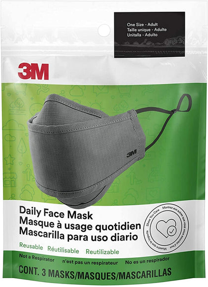 3M Daily Face Mask, Reusable, Washable, Adjustable Ear Loops, Lightweight Cotton Fabric, 3 Pack