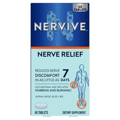 Nervive Nerve Relief, with Alpha Lipoic Acid to help Reduce Nerve Aches, Weakness & Discomfort in Fingers, Hands, Toes, & Feet*† ALA, Vitamins B12, B6, & B1, Turmeric, Ginger, 60ct Packaging May Vary