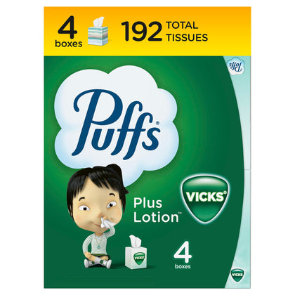 Puffs Plus Lotion with Vicks Facial Tissues, 4 Cubes, 48 Tissues per Box