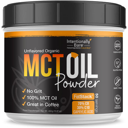 Intentionally Bare Organic MCT Oil Powder - Zero Net Carbs & No Grit MCT Powder for Body & Brain - Vegan MCT Creamer for Coffee, Tea, Shakes, Smoothies & Baking with 70% C8 & 30% C10 - Unflavored