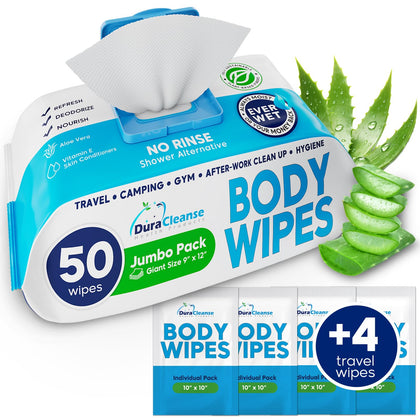 XL Body Wipes for Adults Bathing No Rinse - 50 Ct. + 4 Travel Shower Wipes - 9