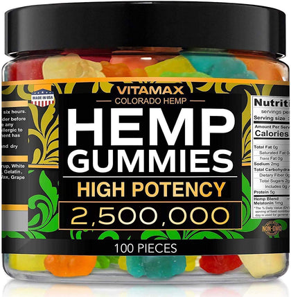 Vitamax Hemp Gummies - Great for Peace & Relaxation - 2,500,000 - Natural Fruit Flavors Tasty Relief - Made in USA - Relaxing Gummies - 100ct