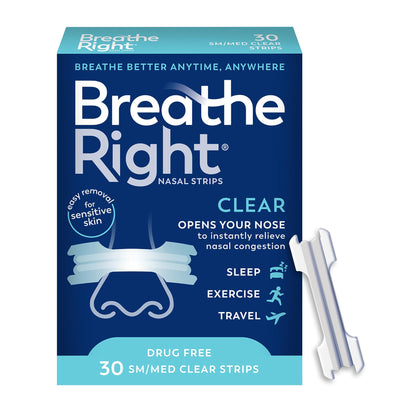 Breathe Right Original Nasal Strips | Clear | Sm/Med | For Sensitive Skin| Drug-Free Snoring Solution & Nasal Congestion Relief Caused by Colds & Allergies | 30 ct (Packaging May Vary)