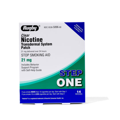 Rugby Clear Nicotine Patches - Transdermal System Patch - Smoking or Vaping Quitting Aid - Step 1-21mg - 14 Count