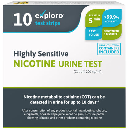 Exploro Highly Sensitive Nicotine Test - Detects Nicotine Metabolite Cotinine in Urine for up to 10 Days - Accurate Results in 5 Minutes - 10 Strips with Cut-Off Level of 200 ng/ml