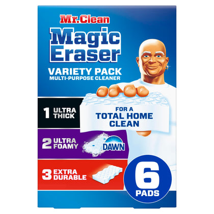 Mr. Clean Magic Eraser Variety Pack with Ultra Thick, Ultra Foamy, and Extra Durable Multi Purpose Cleaner, Magic Eraser Sponge Multi Surface Cleaner, 6ct