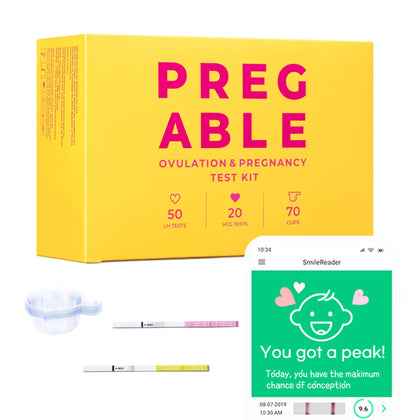 PREGABLE Combo Kit: 50 Ovulation Tests, 20 Pregnancy Tests & 70 Cups, Free Tracker app, SmileReader, OPKs, HPTs (140)