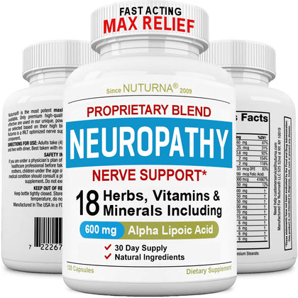 Neuropathy Support Nerve Supplement with 600 mg Pure Alpha Lipoic Acid - Maximum Strength Formula, Fortify Nerves in Fingers, Hands, Toes, & Feet - Best Peripheral Relief Support - 120 Capsules