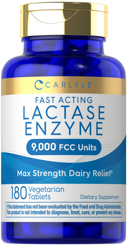 Carlyle Lactase Enzyme Pills 9000 FCC | 180 Tablets | Fast Acting Dairy Relief Supplement | Max Strength Support | Non-GMO, Gluten Free