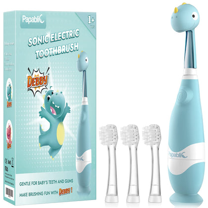 Papablic Toddler Sonic Electric Toothbrush for Ages 1-3 Years, Baby Electric Toothbrush with Cute Dino Cover and Smart LED Timer, 4 Brush Heads (Debby)