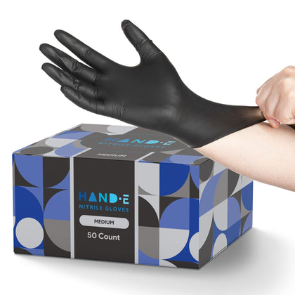 Hand-E Touch Black Nitrile Disposable Gloves Medium, 50 Count - BBQ, Tattoo, Hair Dye, Cooking, Mechanic Gloves - Powder and Latex Free Gloves