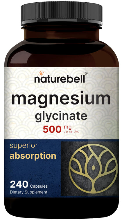 NatureBell Magnesium Glycinate Capsules 500mg | 240 Count, 100% Chelated & Purified, 3rd Party Tested, Non-GMO & Gluten Free