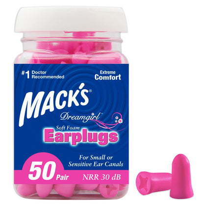 Mack's Dreamgirl Soft Foam Earplugs, 50 Pair, Pink - 30dB NRR, 33dB SNR - Small Ear Plugs for Sleeping, Snoring, Studying, Loud Events, Traveling & Concerts