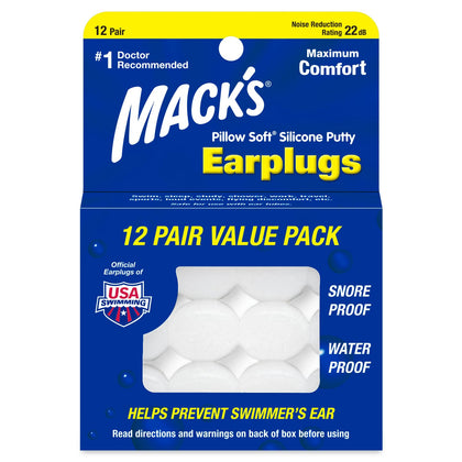 Mack's Pillow Soft Silicone Earplugs, 12 Pair - The Original Moldable Silicone Putty Ear Plugs for Sleeping, Snoring, Swimming, Travel, Concerts and Studying | Made in USA