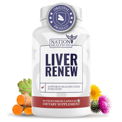 NATION HEALTH MD Liver Renew - Liver Cleanse Detox & Repair - Liver Support Supplement with Artichoke Extract, Milk Thisle, Dandelion and Turmeric - 60 Capsules