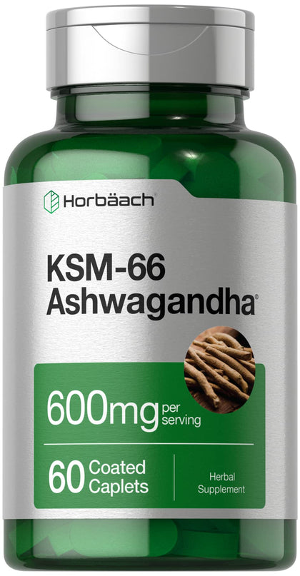 Horbaach KSM-66 Ashwagandha 600mg | with L-Theanine | 60 Coated Caplets | Vegan, Non-GMO, Gluten Free Complex Supplement