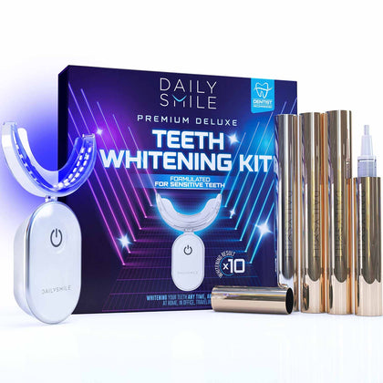 Revolutionary Teeth Whitening Kit for Sensitive Teeth - Instant Results to Help Remove Stubborn Stains, Hands-Free Waterproof Teeth Whitening Light & 4 Teeth Whitening Pens, Dentist Recommended, Vegan