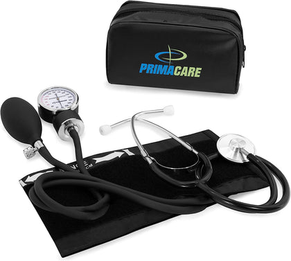PrimaCare Medical DS-9197-BK Professional Classic Series Manual Adult Size Blood Pressure Kit, Emergency Bp kit with Stethoscope and Portable Leatherette Case, Nylon Cuff, Black