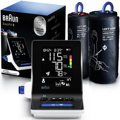 Braun ExactFit 3 Blood Pressure Monitor for Home Use - Accurate Blood Pressure Machine, Color-Coded Results, Large Display High BP Monitor, 2 Upper Arm Cuff Sizes, 80 Memory Slots, FSA/HSA Eligible