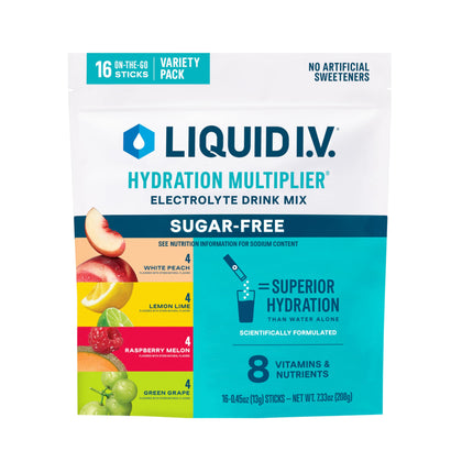 Liquid I.V.® Hydration Multiplier Sugar-Free - Raspberry Melon, Lemon Lime, White Peach, Green Grape | Electrolyte Powder Drink Mix |1 Pack (16 Servings)