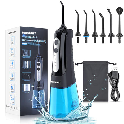 Cordless Water Dental Flosser Teeth Cleaner, INSMART Professional 300ML Tank DIY Mode USB Rechargeable Dental Oral Irrigator for Home and Travel, IPX7 Waterproof 4 Modes Irrigate for Oral Care Blue