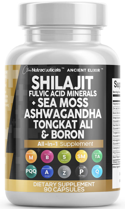 Clean Nutraceuticals Shilajit Supplement 10,000mg with Sea Moss 6000mg, Ashwagandha 6000mg, Tongkat Ali, Boron, Magnesium - Fulvic Acid Capsules for Men - 90 Count