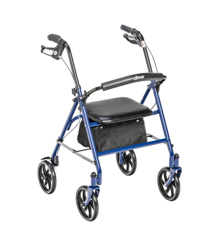 Drive Medical 10257BL-1 4 Wheel Rollator Walker With Seat, Steel Rolling Walker, Height Adjustable, 7.5