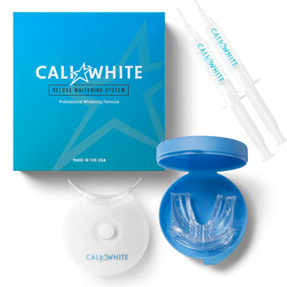 Cali White Teeth Whitening Strip Kit with LED Light + Batteries - Organic Peroxide Teeth Whitening Gel - Set of White Strips for Teeth Whitening - 2x5ml Syringes, Thermoform Whitening Kit Trays & Case