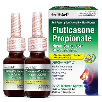 HealthA2Z® Fluticasone Propionate Nasal Sprays | Allery Relief Spray | Runny Nose | Nasal Congestion | Sneezing | Itchy Watery Eyes | 24 Hour Allergy Relief | (2 Packs)