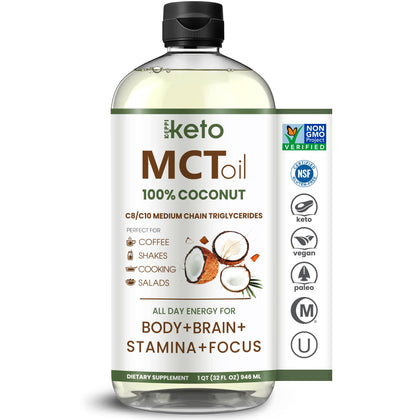 Keppi Keto MCT Oil - Flavorless C8 and C10, Non-GMO, Certified Gluten-Free, Palm Oil Free, Vegan, Kosher, Halal, 32 oz Coconut Oil