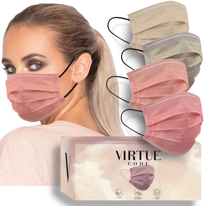 VIRTUE CODE Priority Face Masks - Soft 3 Ply Comfort Face Masks, Colorful Disposable Face Mask 50 Pack. Beach Blush Colored Masks. Adults Mens and Womens Disposable Face Masks