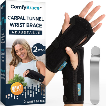 ComfyBrace® Carpal Tunnel Wrist Brace (Pack of 2) with Splint and Palm Cushion - (Adjustable and Fits Both Hands) - for Support, Carpal Tunnel, Tendonitis, Wrist Injury, and Pain