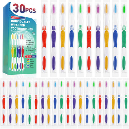 Navona 30 PCS Individually Wrapped Bulk Toothbrush Pack, Colorful Manual Disposable Toothbrush Set for Adult or Kid, Ergonomics Handle, Soft Bristles, Perfect for Travel, Hotels, Donations