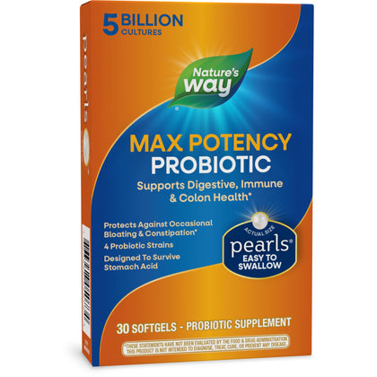 Nature's Way Max Potency Probiotic Pearls for Men and Women, Supports Digestive, Immune, Colon Health*, 5 Billion Live Cultures, No Refrigeration Required, 30 Softgels (Packaging May Vary)