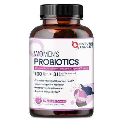 Probiotics for Women Digestive Health, 100 Billion CFUs Probiotic with Digestive Enzymes & Prebiotics, Vaginal Probiotics with Cranberry for Urinary Tract Health, pH Balance, 90 Veggie Capsules