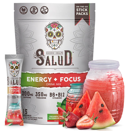 Salud 2-in-1 Energy Drink Powder + Focus, Strawberry Watermelon, Organic Caffeine, B6 + B12, Theanine, Clean Energy Drink Packets, Fresandia Agua Fresca Mix, Non-GMO, Gluten Free, Vegan, 1g of Sugar, (15 Servings)