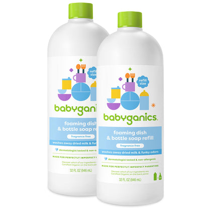 Babyganics Foaming Dish & Bottle Soap, Fragrance Free, Plant-Derived Cleaning Power, Removes Dried Milk, 32 Fl Oz (Pack of 2), Packaging May Vary