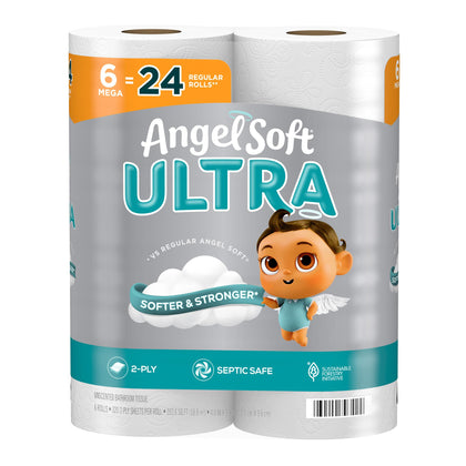 Angel Soft Ultra Toilet Paper, 6 Mega Rolls = 24 Regular Rolls, 2 Ply Toilet Tissue