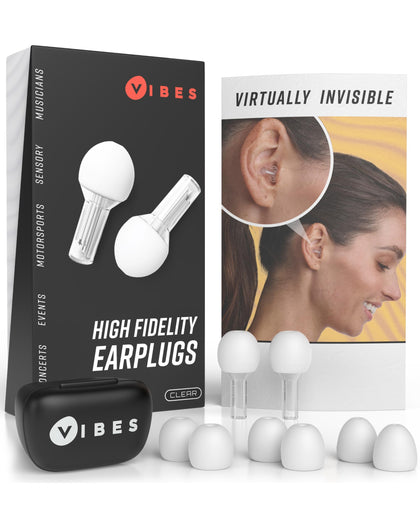 Vibes High Fidelity Concert Ear Plugs, Invisible Earplugs for Musicians, Motorcycles, Airplanes, Raves, Work - Noise Reduction 15 NRR and Hearing Protection -22dB - Fits All Ears (Clear)