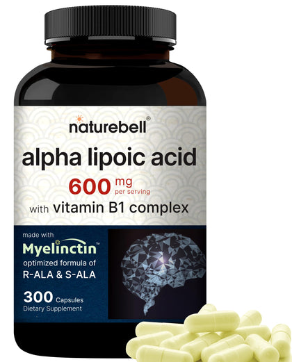 Alpha Lipoic Acid 600mg w/ B1 Complex | 300 Capsules, 4 in 1 Myelinctin Formula, R-ALA | S-ALA | Thiamine | Benfotiamine, High Bioavailability and Potency, Third Party Tested, Non-GMO & NO Gluten