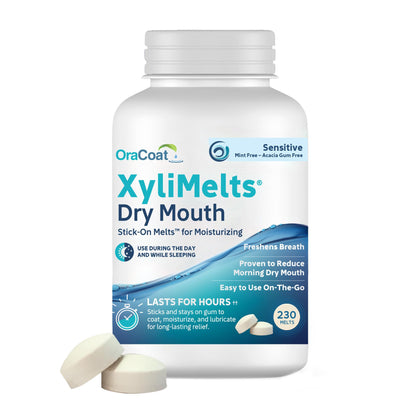 OraCoat XyliMelts® Dry Mouth Relief Oral Adhering Discs, Sensitive with Xylitol, For Dry Mouth, Stimulates Saliva, Non-Acidic, Day and Night Use, Time Release for up to 8 Hours, 230 Count