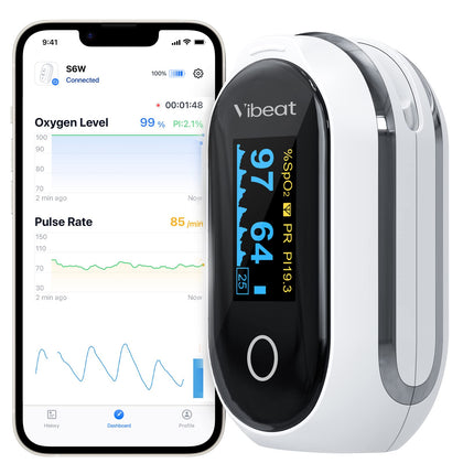 Vibeat Rechargeable Oxygen Meter Finger Pulse Oximeter, Bluetooth Fingertip Blood Oxygen Saturation Monitor with Pulse Rate, Batteries and Lanyard Included, Free APP