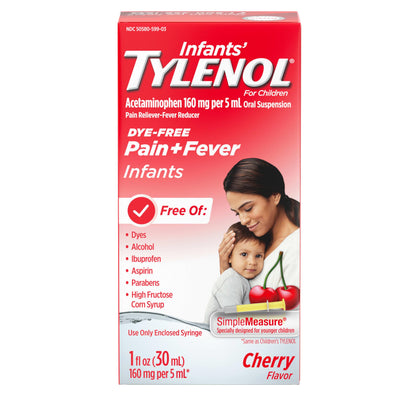 Tylenol Infants Oral Suspension Liquid Medicine with Acetaminophen, Baby Fever Reducer & Pain Reliever for Minor Aches & Pains, Sore Throat, Headache & Teething Pain, Dye-Free Cherry, 1 fl. oz